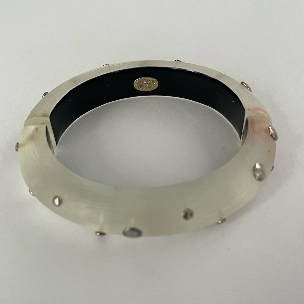 Alexis Bittar Frosted White Hinged Bangle Bracelet with metallic silver dots